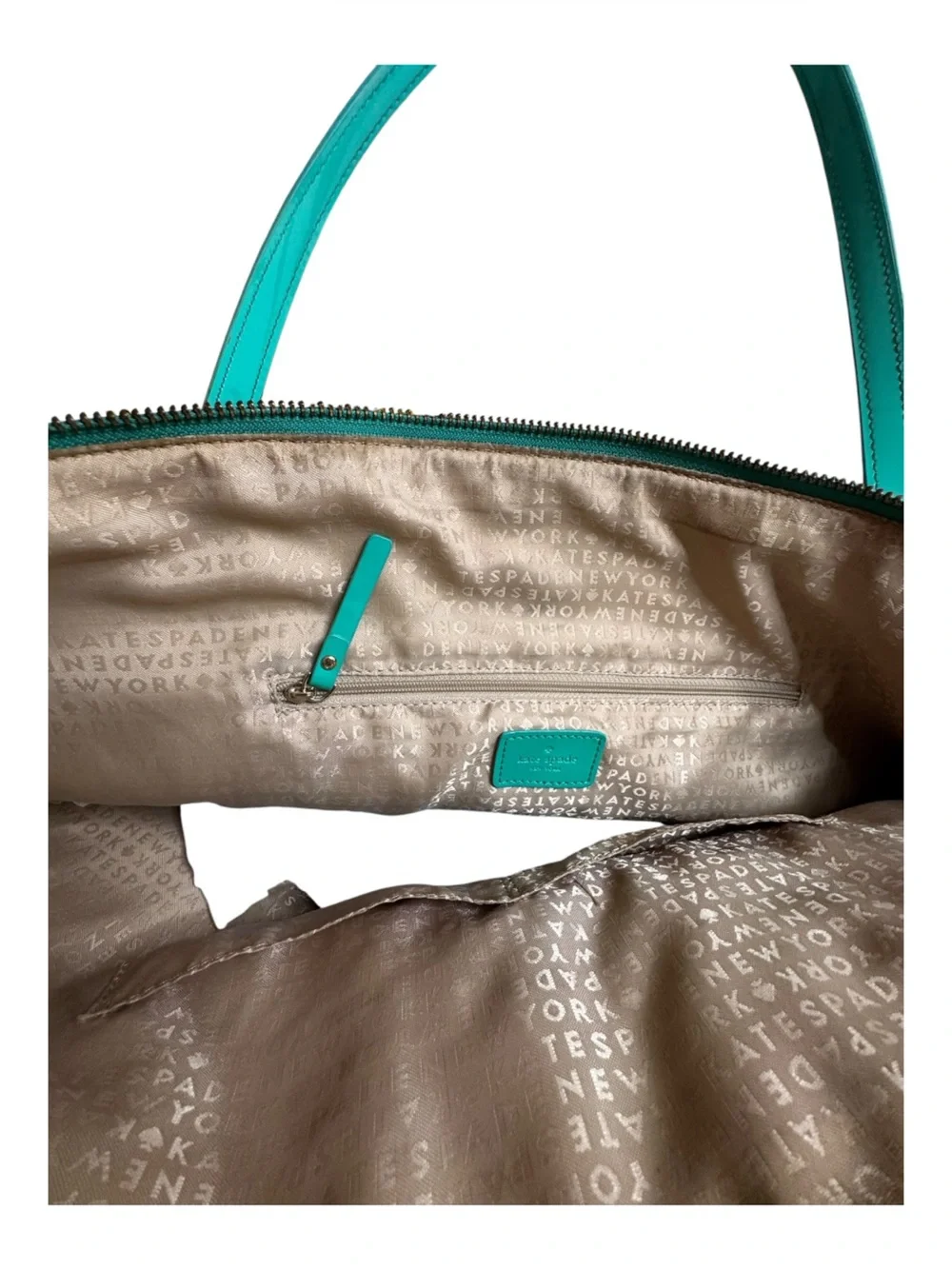Kate Spade Teal Camellia Street Polka Dot Patent Leather Bow Accent Zip Tote Bag